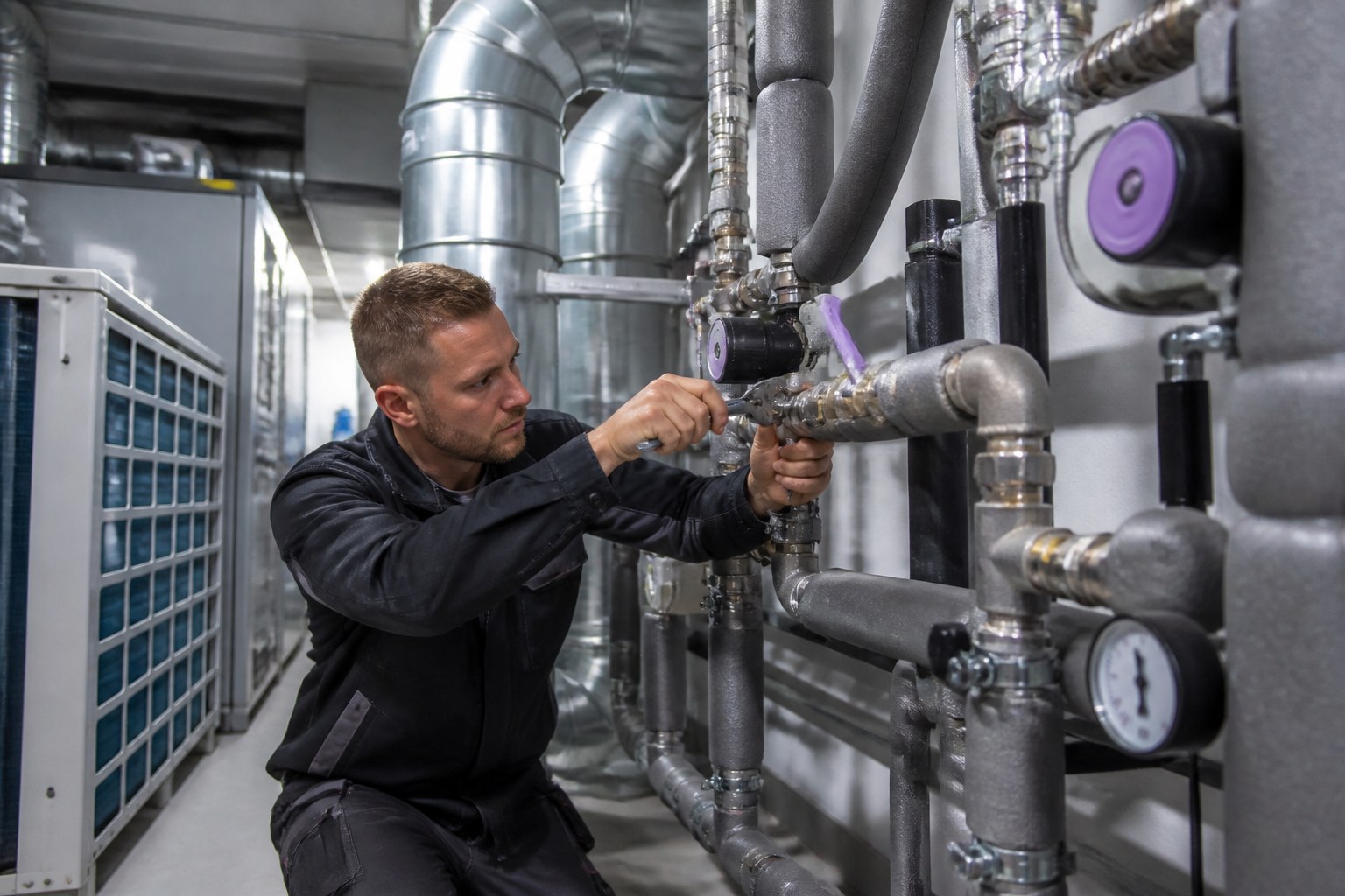 Anlagenmechaniker SHK verbindet Heizungs- und Wasserrohre neben Lüftungskanälen in einem technischen Anlagenraum