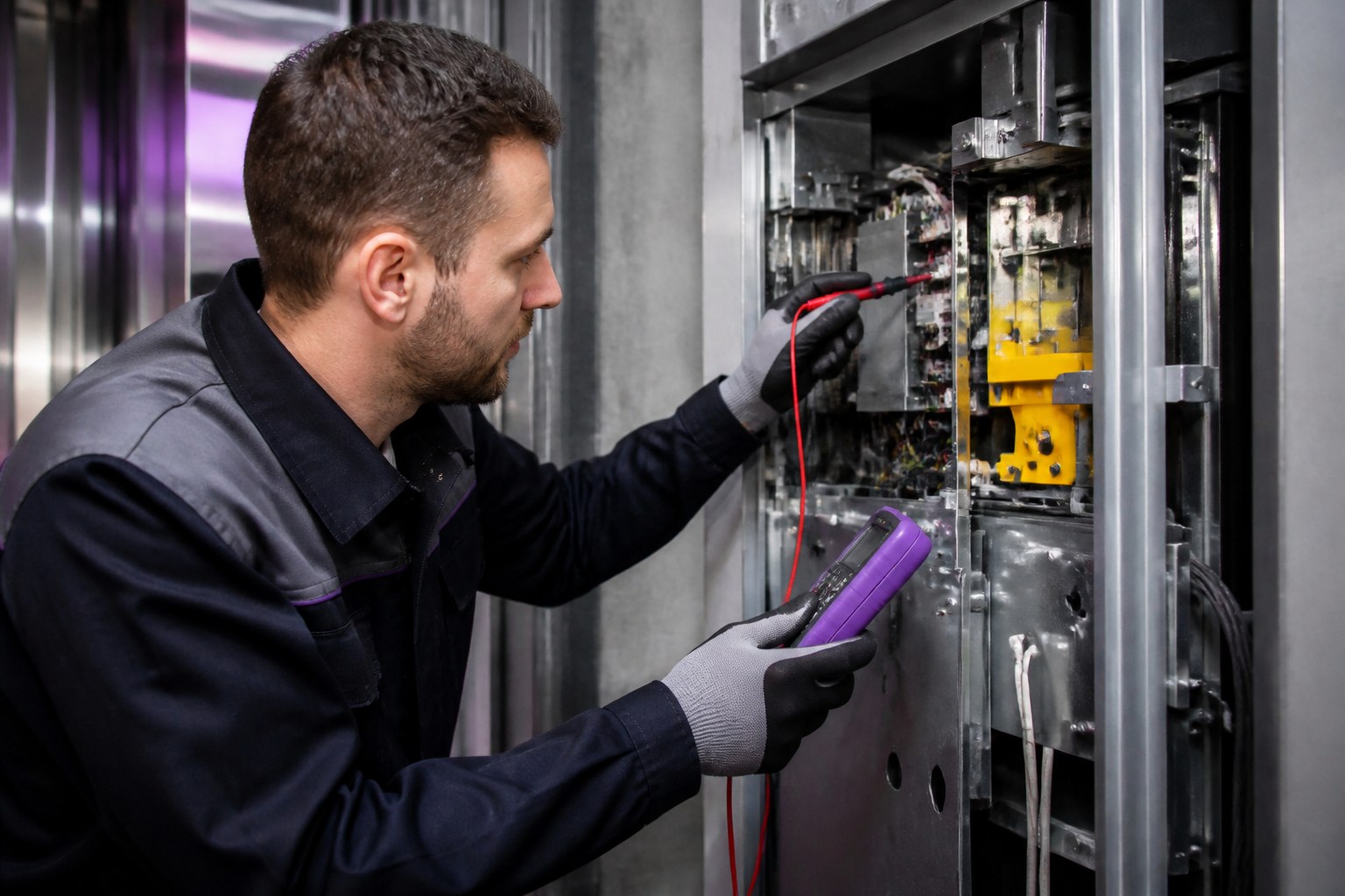 Techniker untersucht Aufzugsverkabelung und mechanische Komponenten in einer Werkstatt