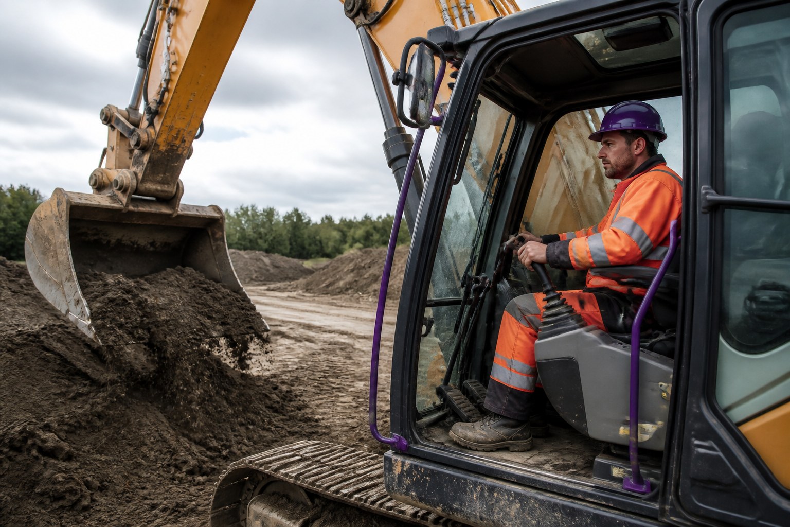 Baugeräteführer arbeitet in einer Erdbewegungsmaschine auf einer aktiven Baustelle