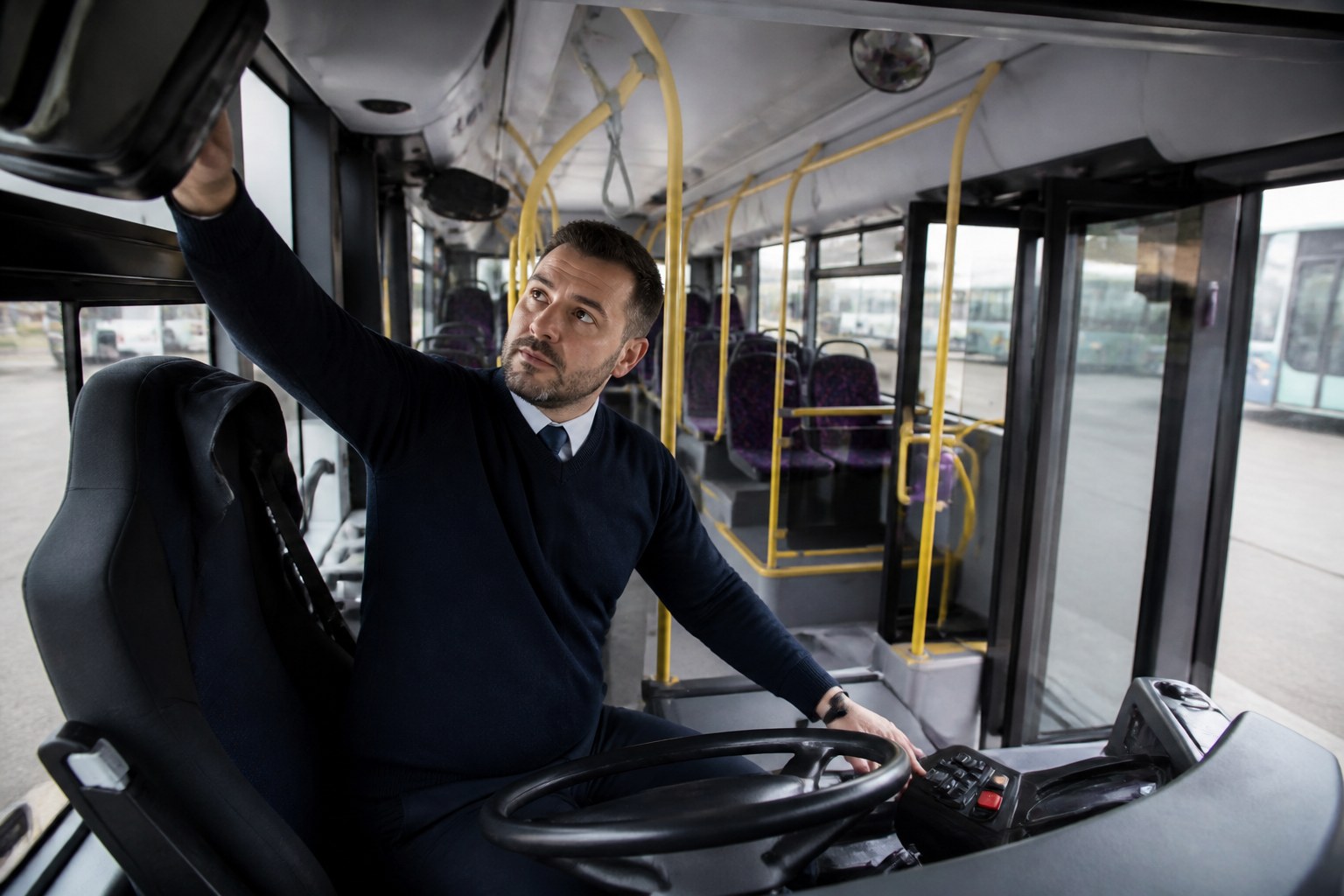 Busfahrer bei einer Sicherheits- und Fahrzeugkontrolle vor der Abfahrt