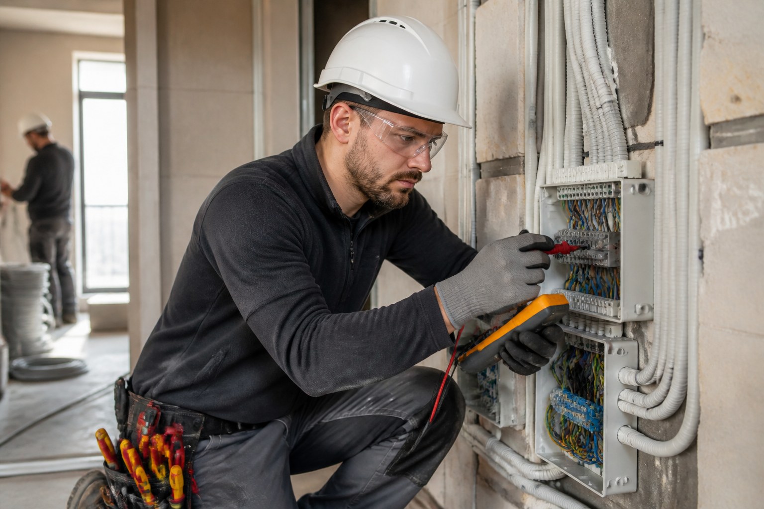 Elektriker verlegt Kabel und prüft Anschlüsse auf einer Baustelle
