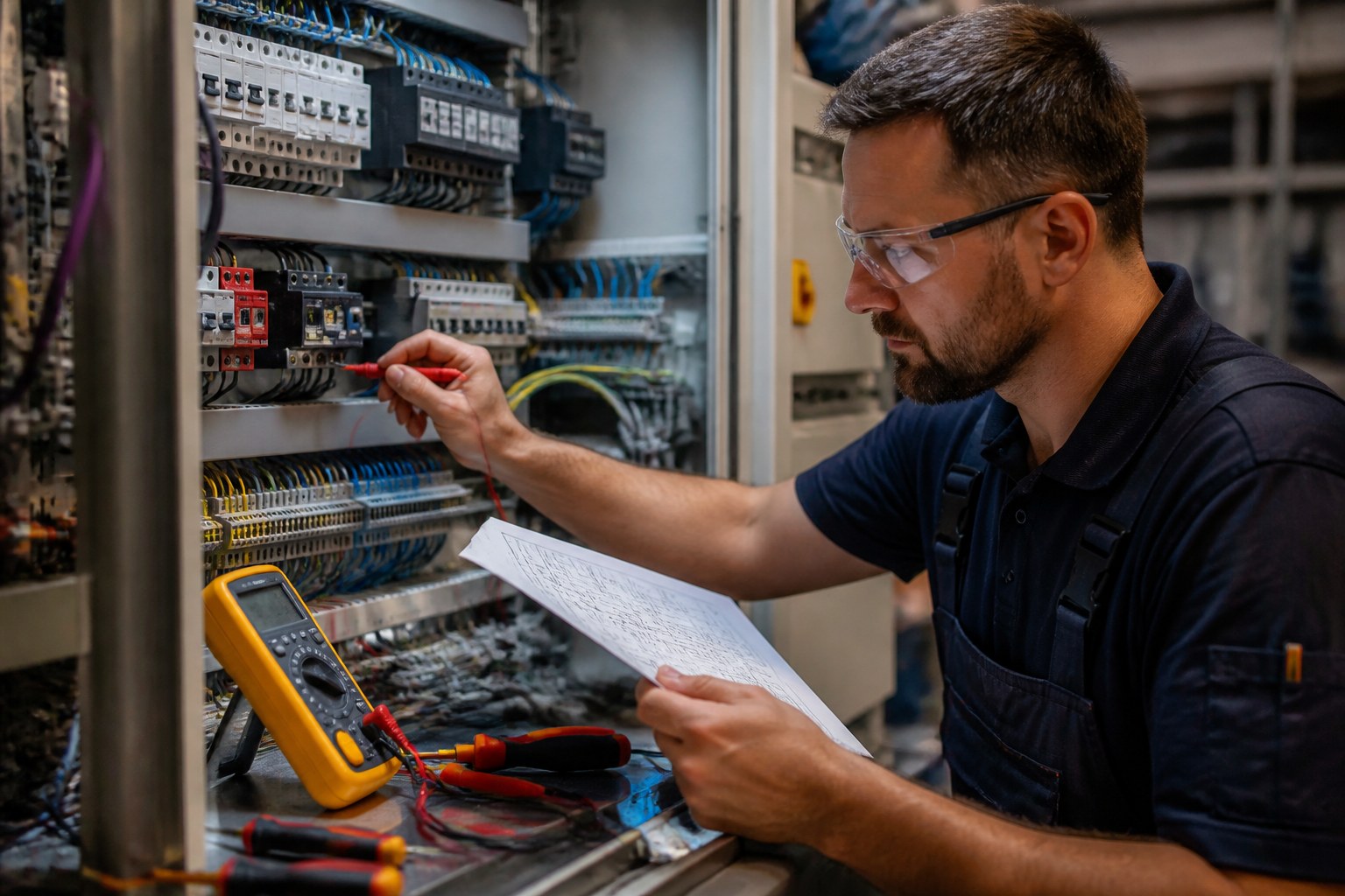 Elektroniker testet einen Automatisierungsschaltschrank und prüft dabei einen technischen Schaltplan