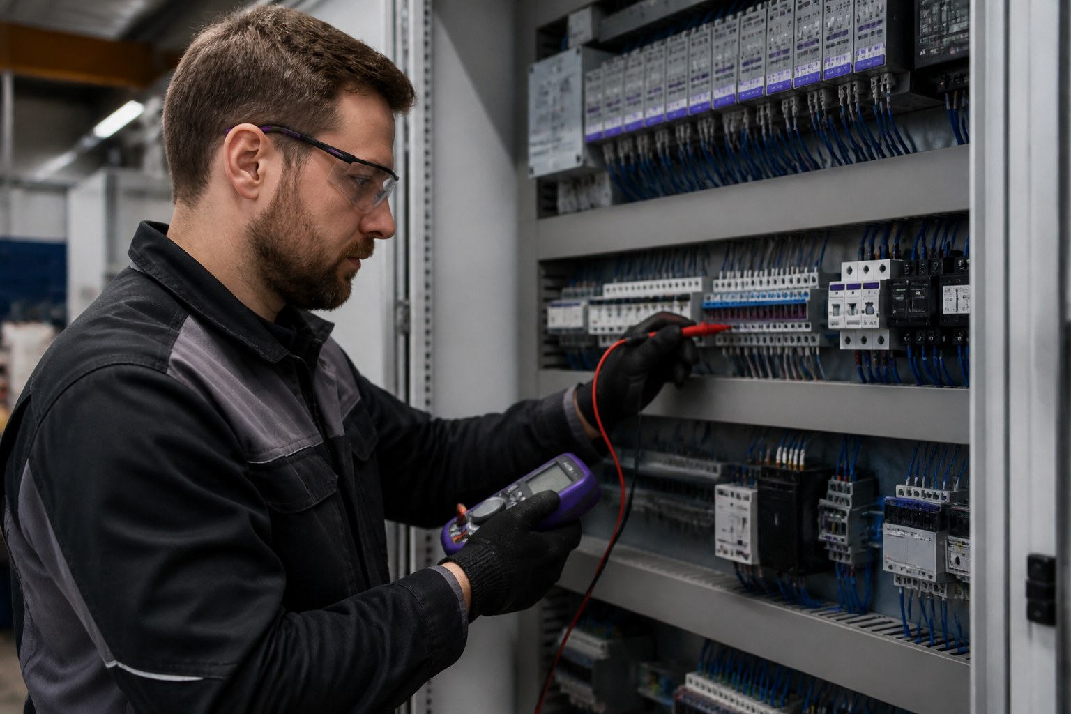 Elektroniker prüft Verdrahtung und Steuerungskomponenten in einer industriellen Automatisierungswerkstatt