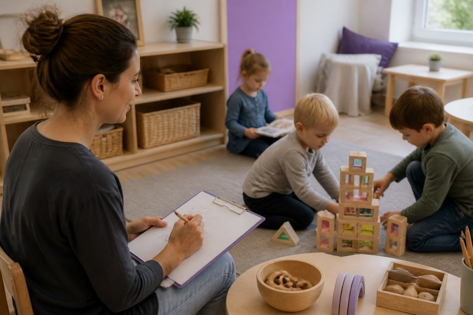 Fachkraft in der Kinderbetreuung dokumentiert eine Beobachtung, während Kinder in der Nähe spielen