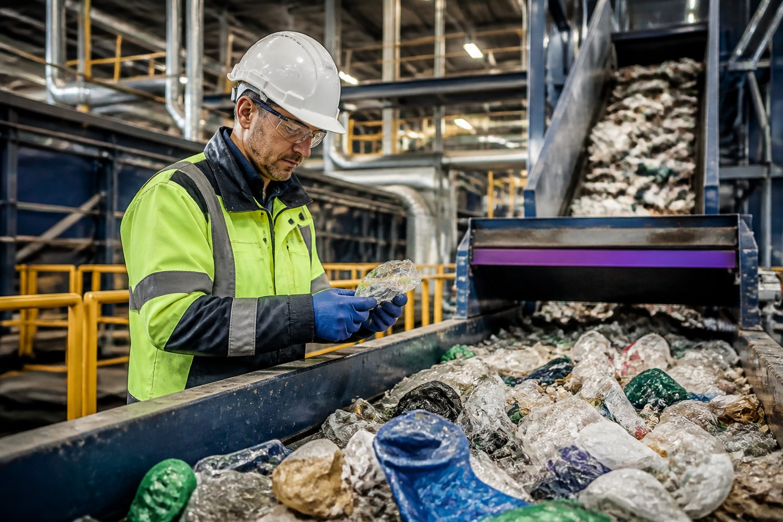 Recycling and waste management specialist inspecting sorted materials beside industrial recycling equipment
