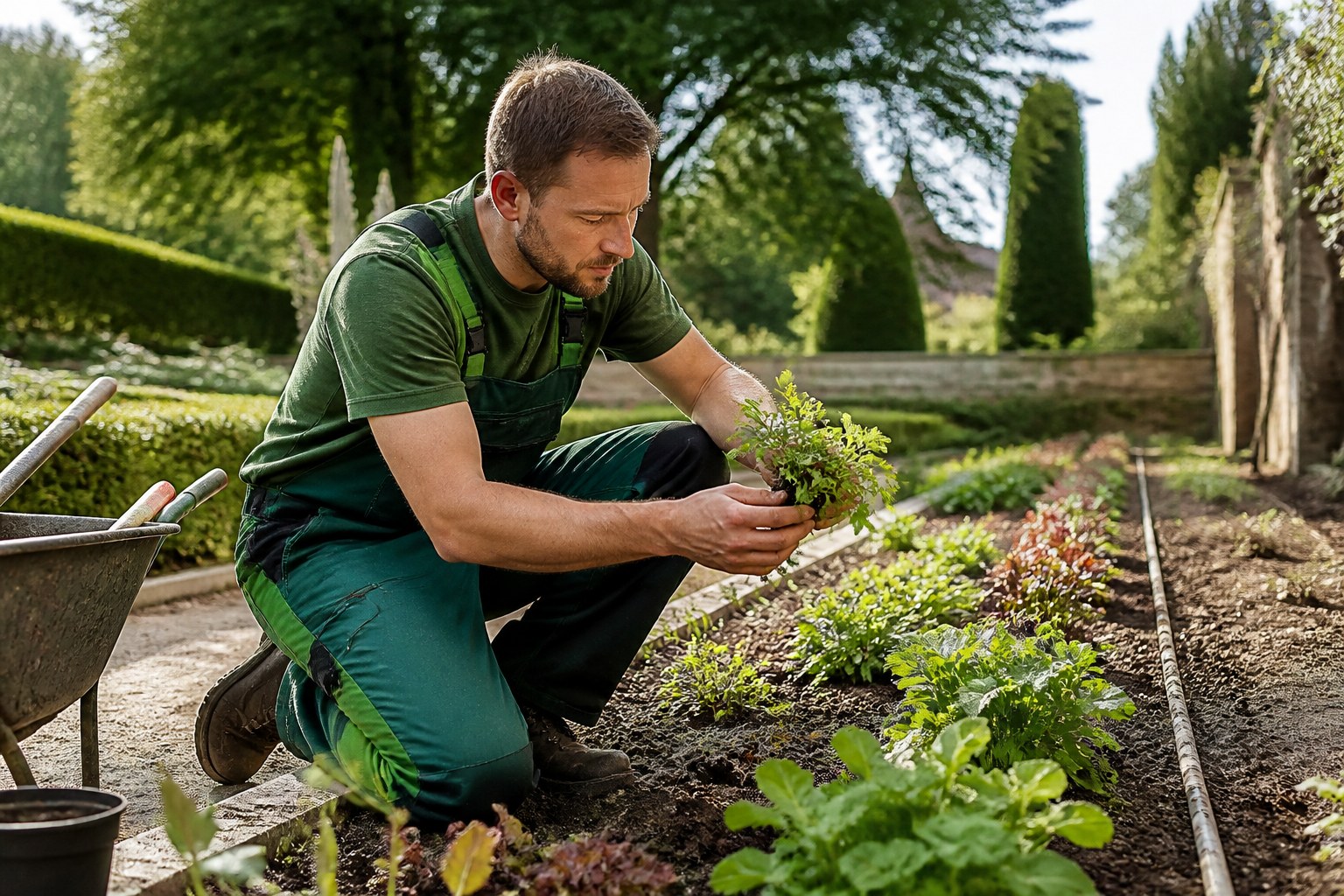 Professioneller Gärtner untersucht Pflanzen neben gepflegten Beeten im Freien in Deutschland