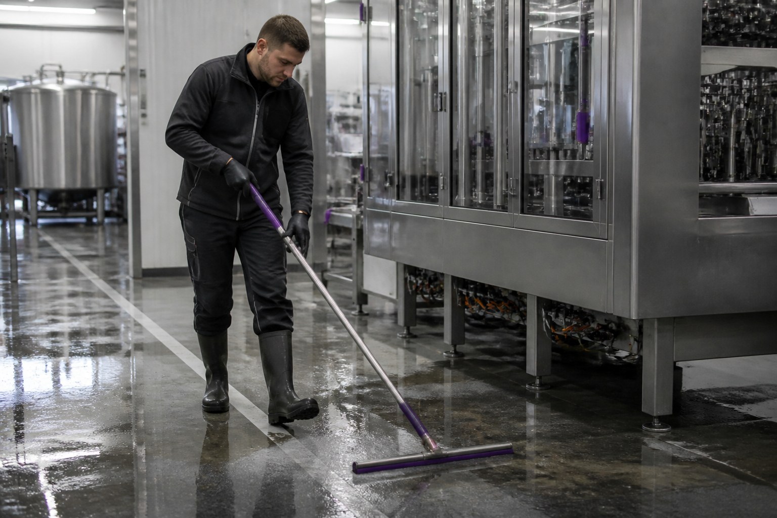 Industrie-Gebäudereiniger in einem Produktionsbereich mit professionellen Reinigungsgeräten