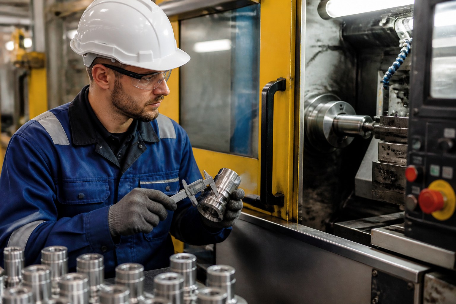 Maschinenbediener prüft ein gefertigtes Bauteil mit einem Messgerät neben Produktionsmaschinen