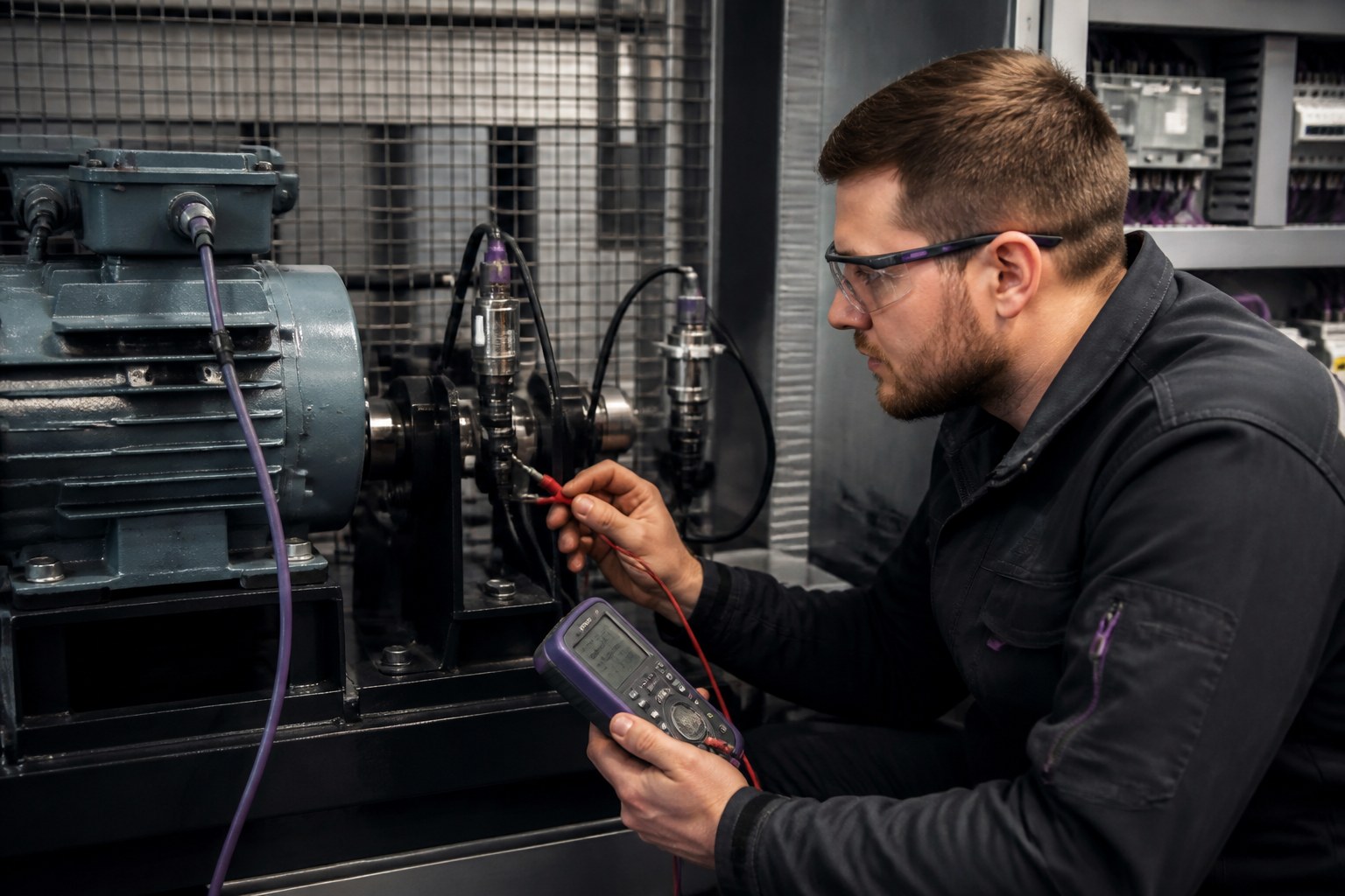 Techniker bei der Diagnose eines Maschinenfehlers zwischen Motor, Sensoren und Bedienfeld