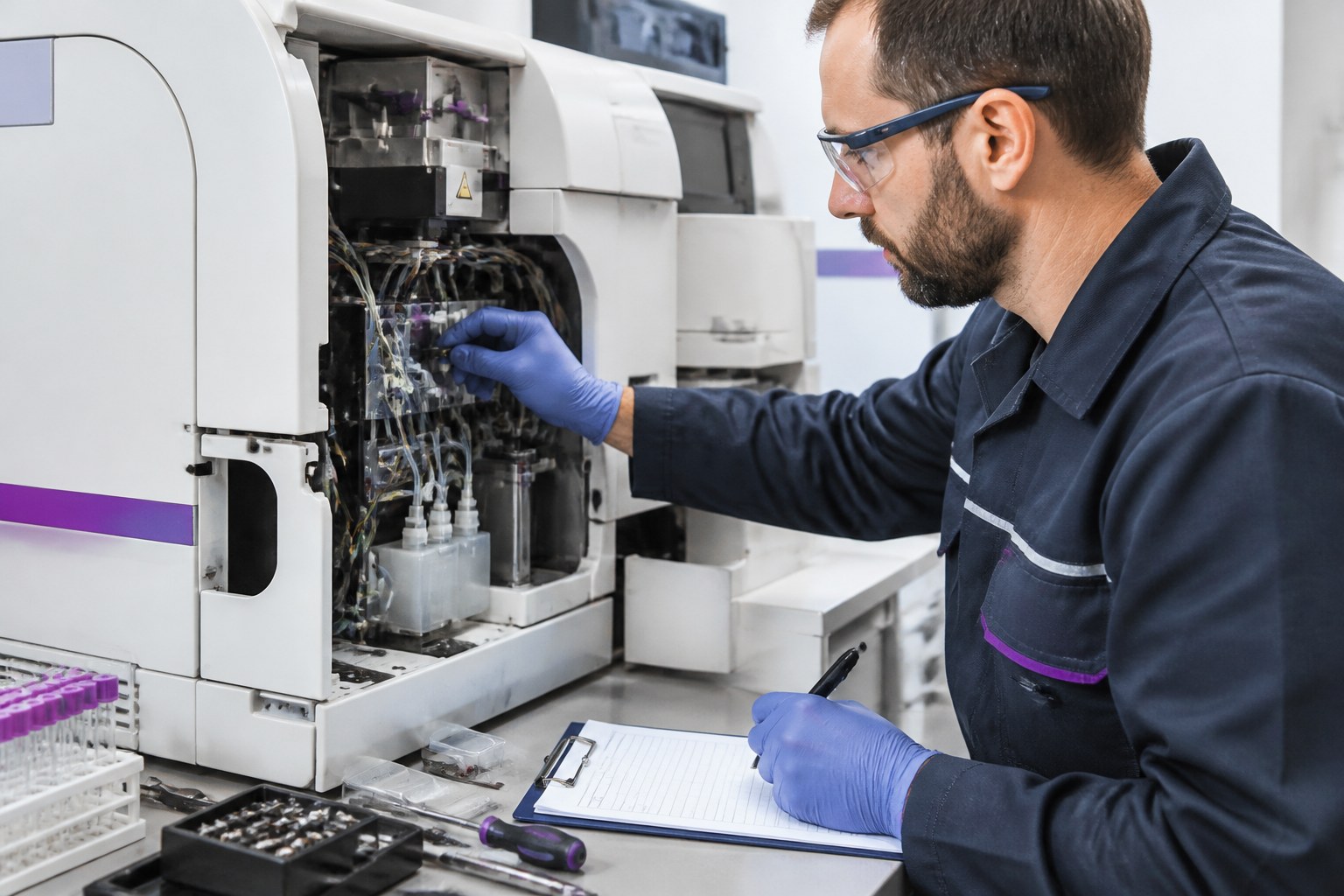 Techniker führt vorbeugende Wartung an einem klinischen Laboranalysegerät durch