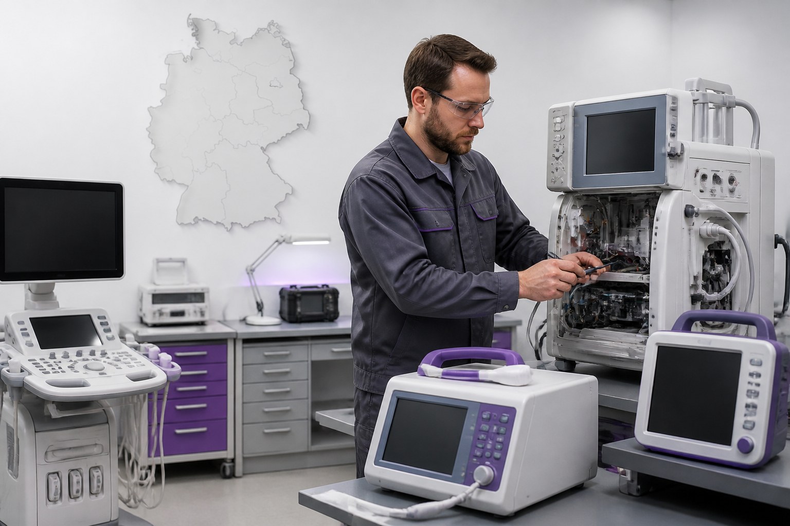 Medizintechniker neben verschiedenen medizinischen Geräten in Deutschland