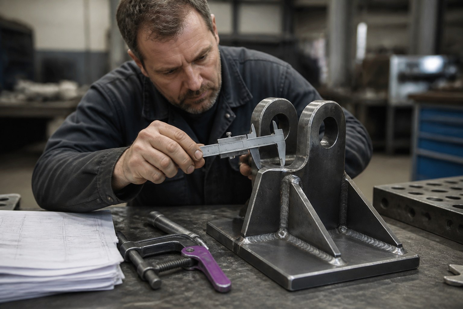 Metallbauer prüft ein fertiges Metallbauteil mit einem Messgerät neben technischen Zeichnungen