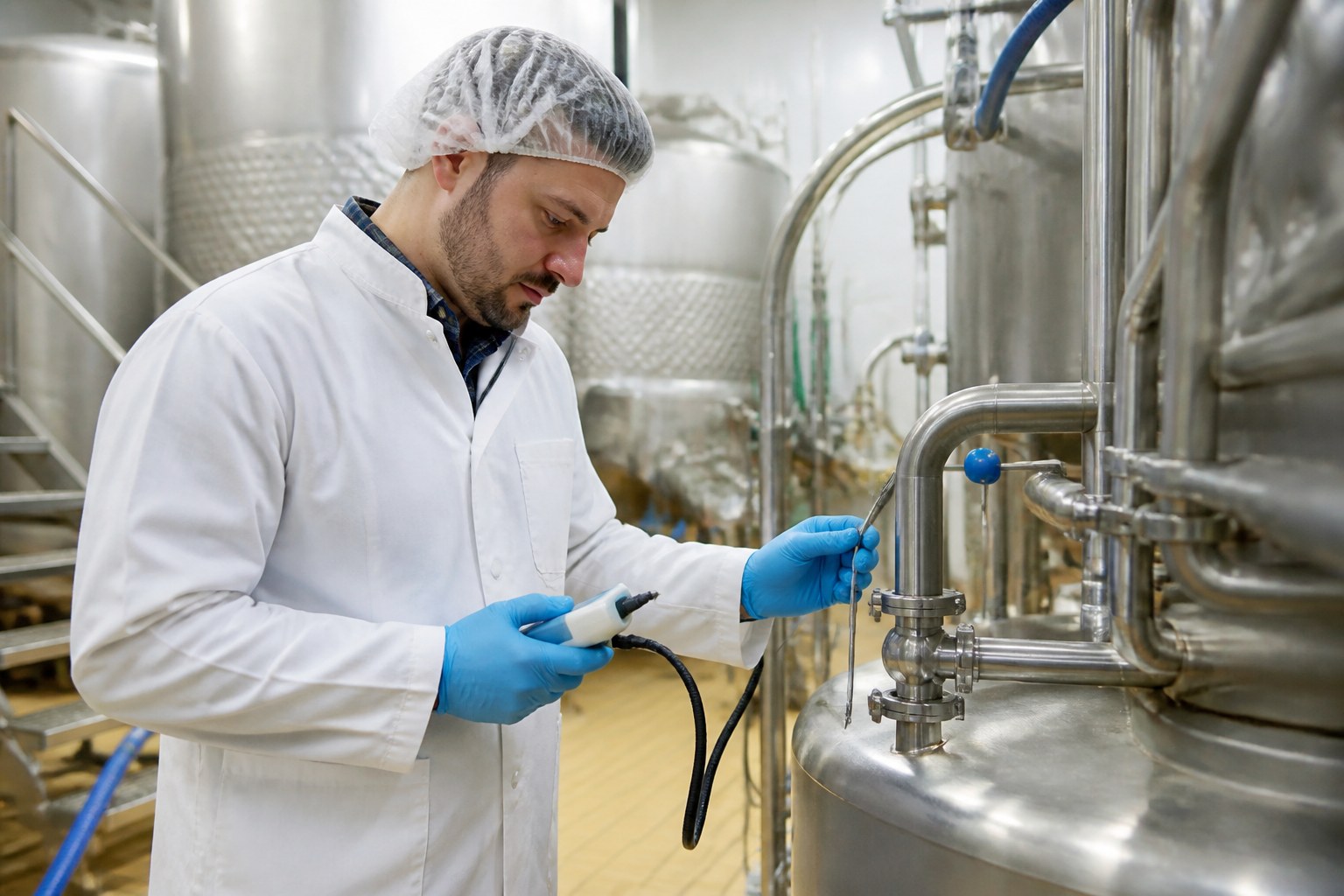 Milchtechnologe prüft Hygiene- und Qualitätsmessungen an Edelstahltanks