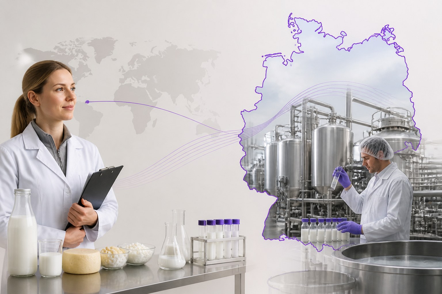 Redaktionelle Illustration zur Verbindung eines Milchtechnologenprofils mit der Arbeitsvorbereitung in Deutschland