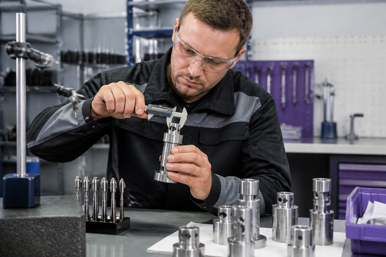 Produktionsmitarbeiter prüft ein gefertigtes Bauteil mit Messgeräten