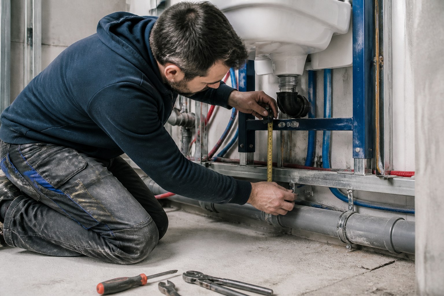 Sanitärinstallateur misst und richtet Rohrleitungen unter einer Waschrाबinstallation aus