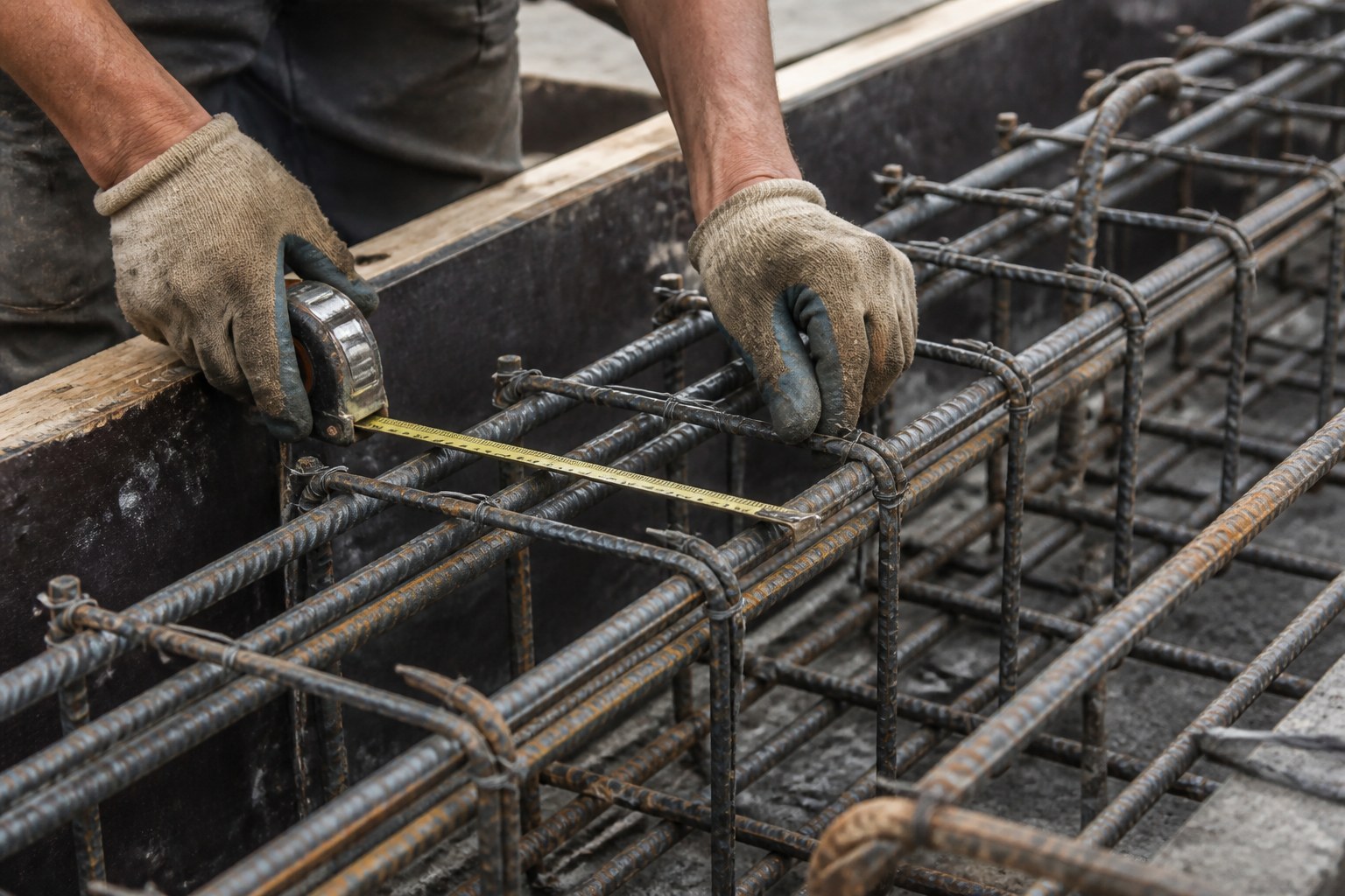 Handschuhtragender Bauarbeiter misst und befestigt Bewehrungsstäbe vor dem Betoneinbau