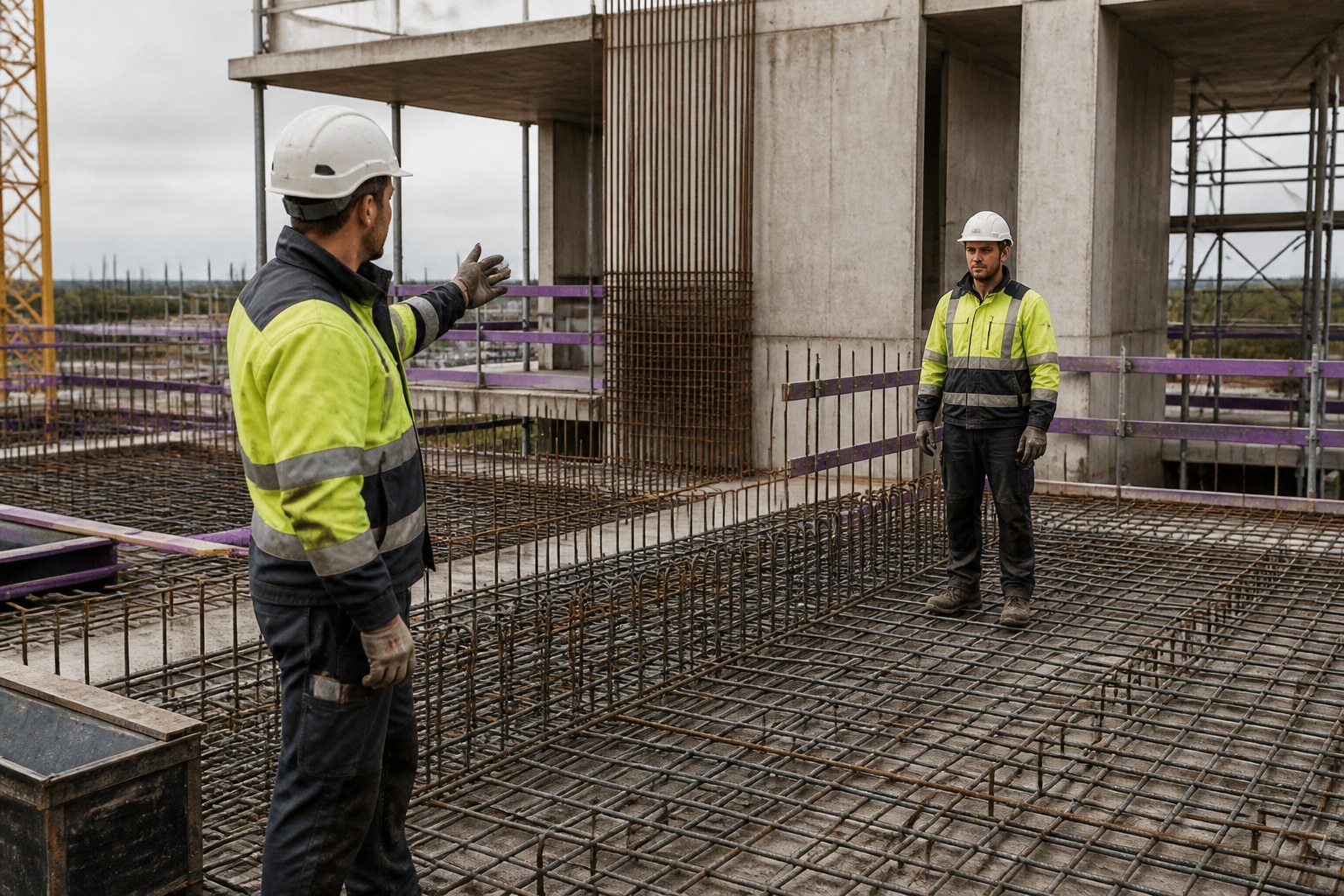 Stahlbetonbauer prüfen einen fertigen Baubereich und kommunizieren auf einer Baustelle