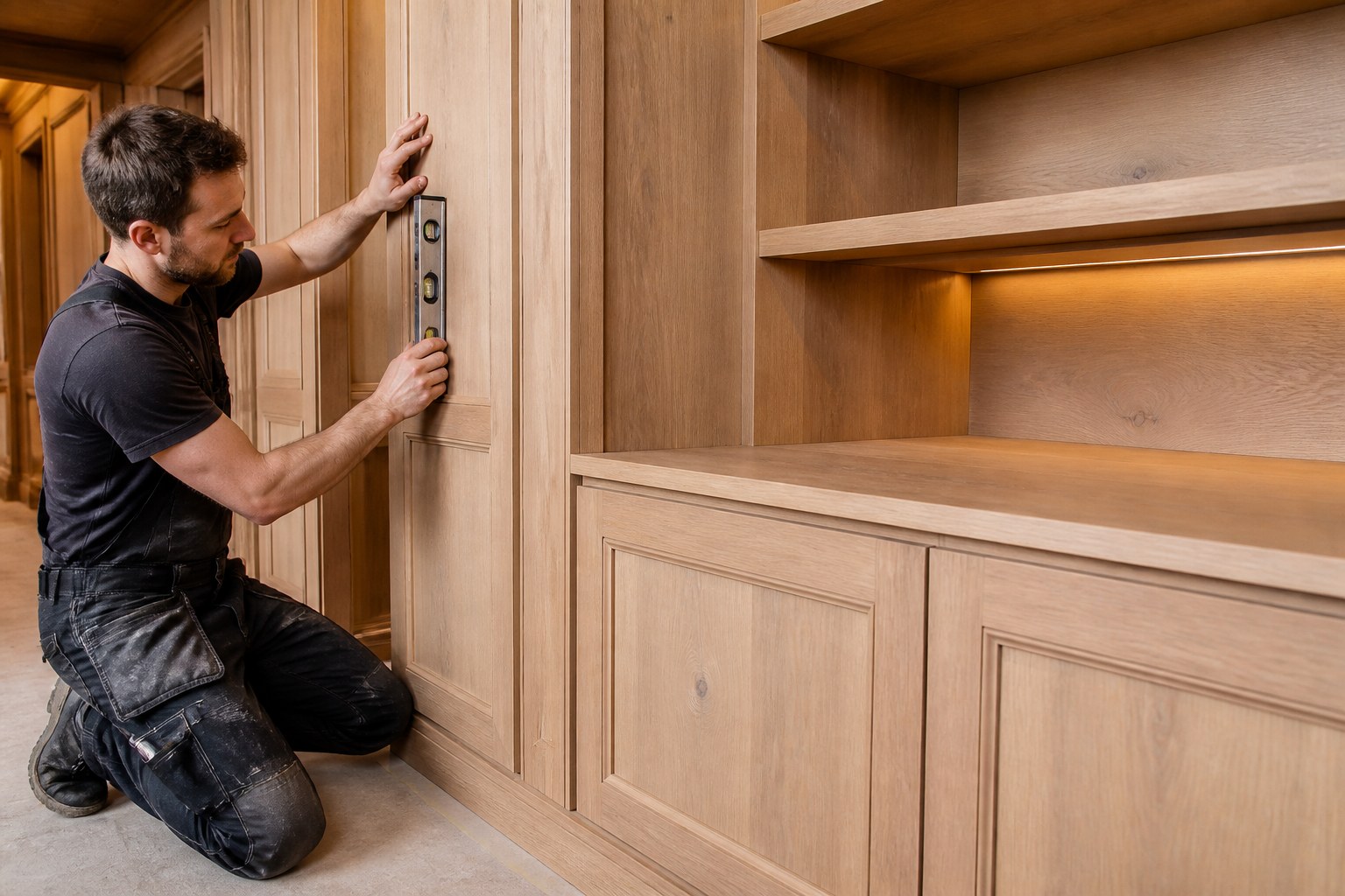 Tischler montiert und prüft ein passgenaues Bauteil aus Holz im Innenausbau