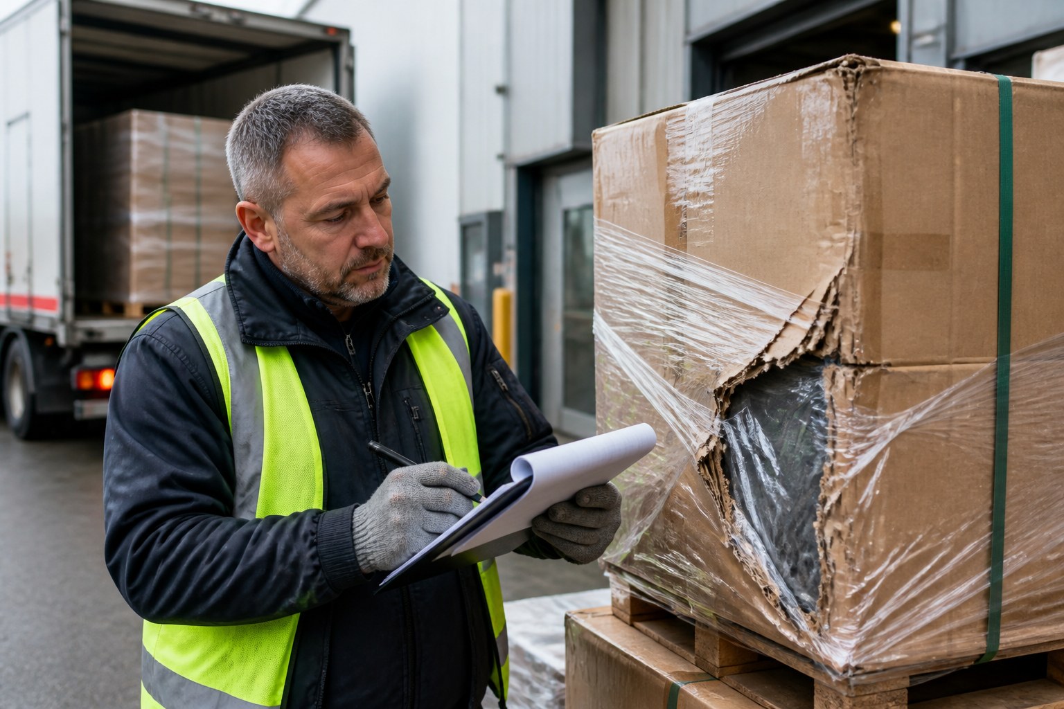 Wareneingangsprüfer dokumentiert einen Schaden an einer eingehenden Verpackung