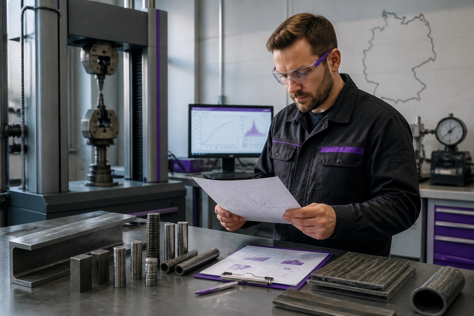 Qualifizierter Werkstoffprüfer überprüft Ergebnisse neben Industrieproben und einem Qualitätsprüfbereich